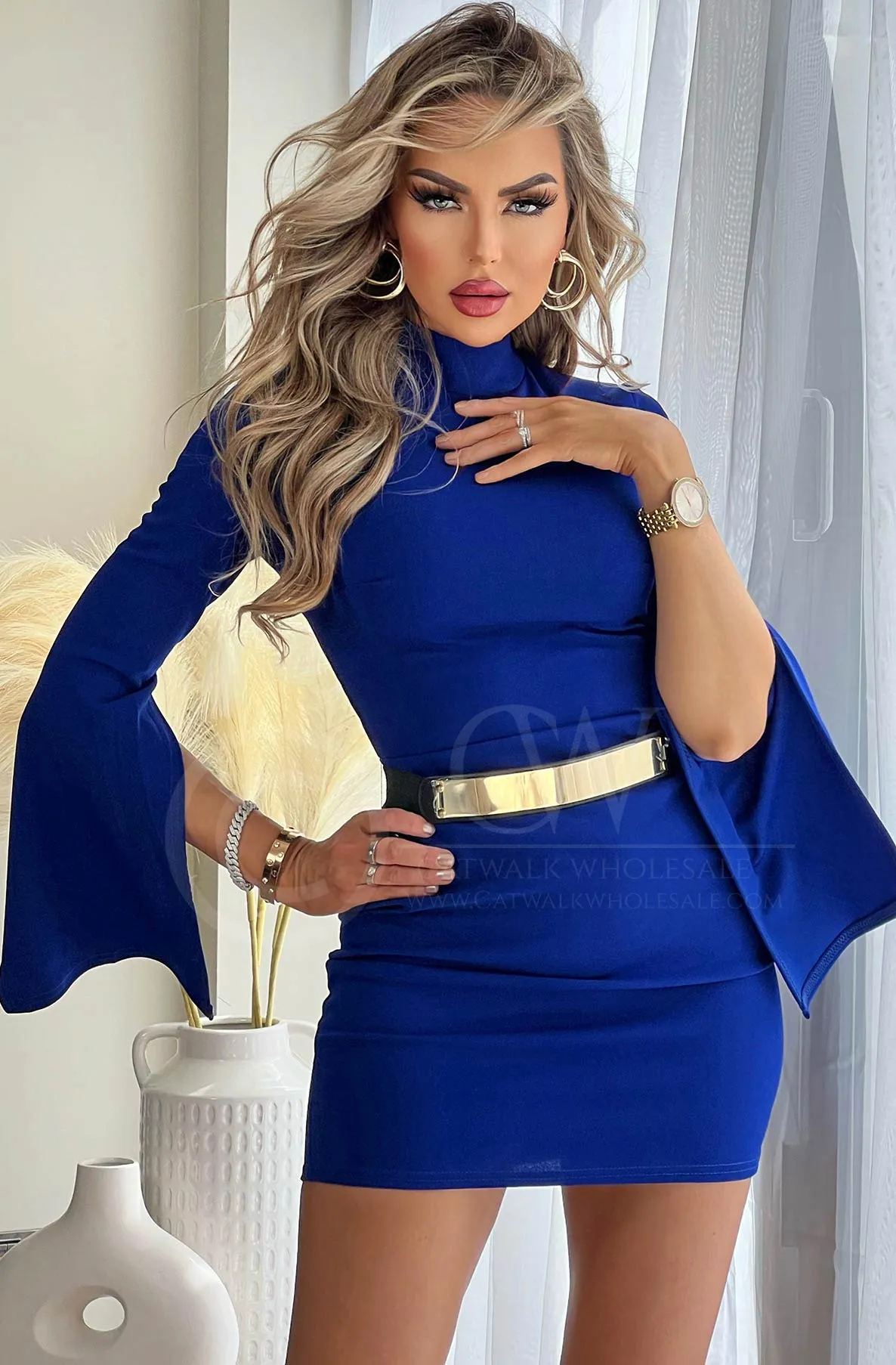 Luna Cut Out Slit Sleeve Mini Dress-Royal Blue