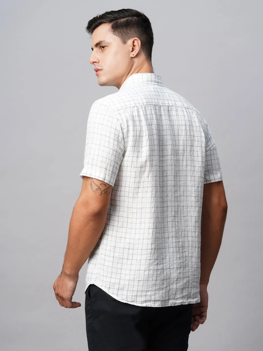 Men's 100% Linen Regular Fit White Checked Shirt