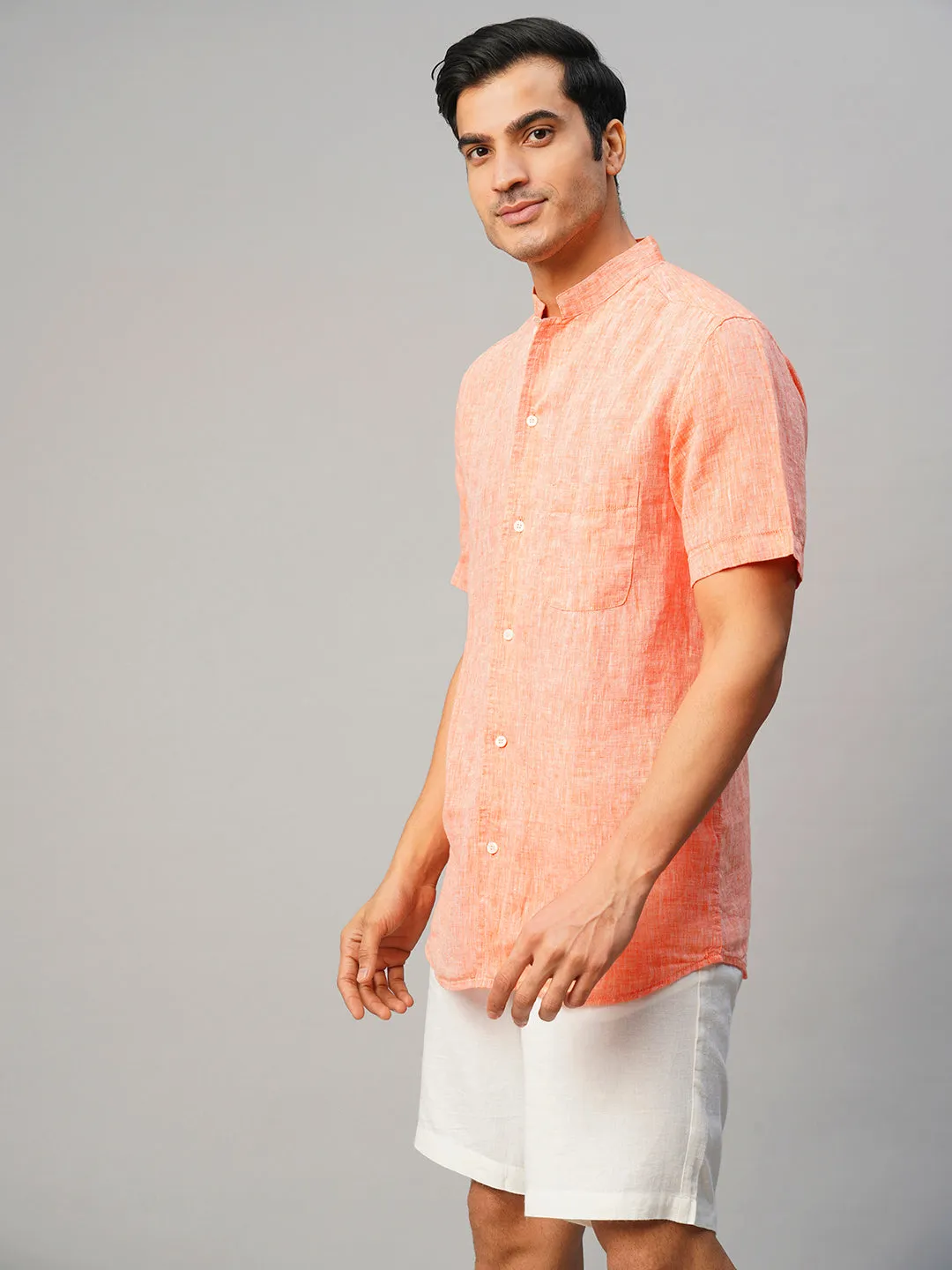 Men's Orange 100% Linen Regular Fit Shirt