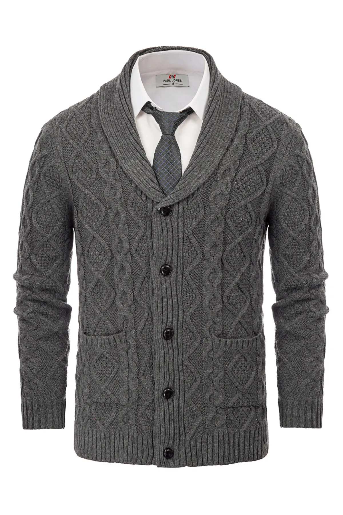 Men's Shawl Collar Cardigan Sweaters Cable Knitted Aran Sweater with Buttons