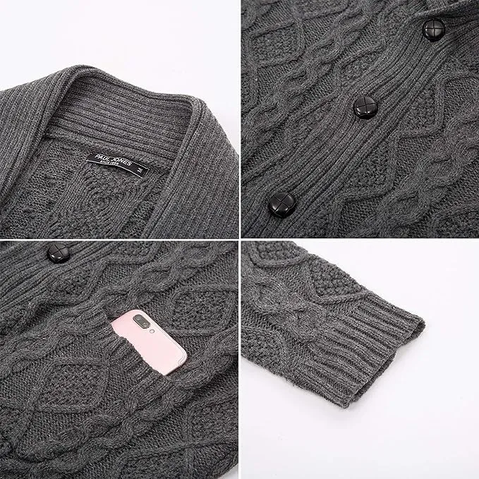 Men's Shawl Collar Cardigan Sweaters Cable Knitted Aran Sweater with Buttons