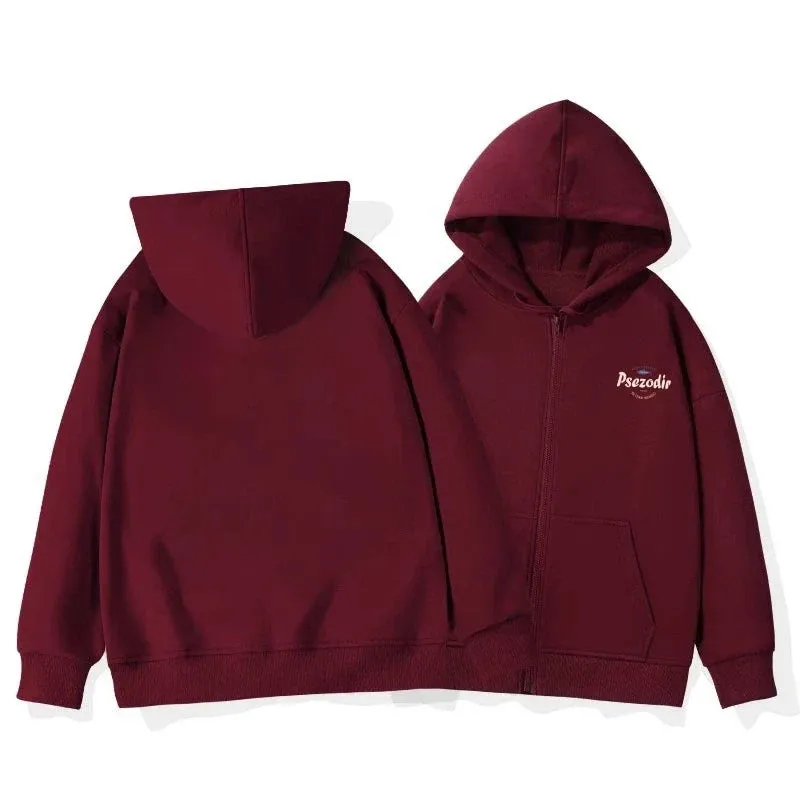 Metaversmall Wine Red Hooded Drawstring Loose Simple Female Hoodies Solid Color Chic Print Zipper Casual Fashion Pocket Women Hoodies