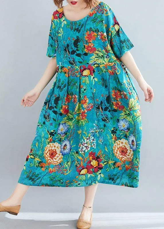 Modern o neck Extra large hem linen cotton summer Robes Runway blue print Dresses