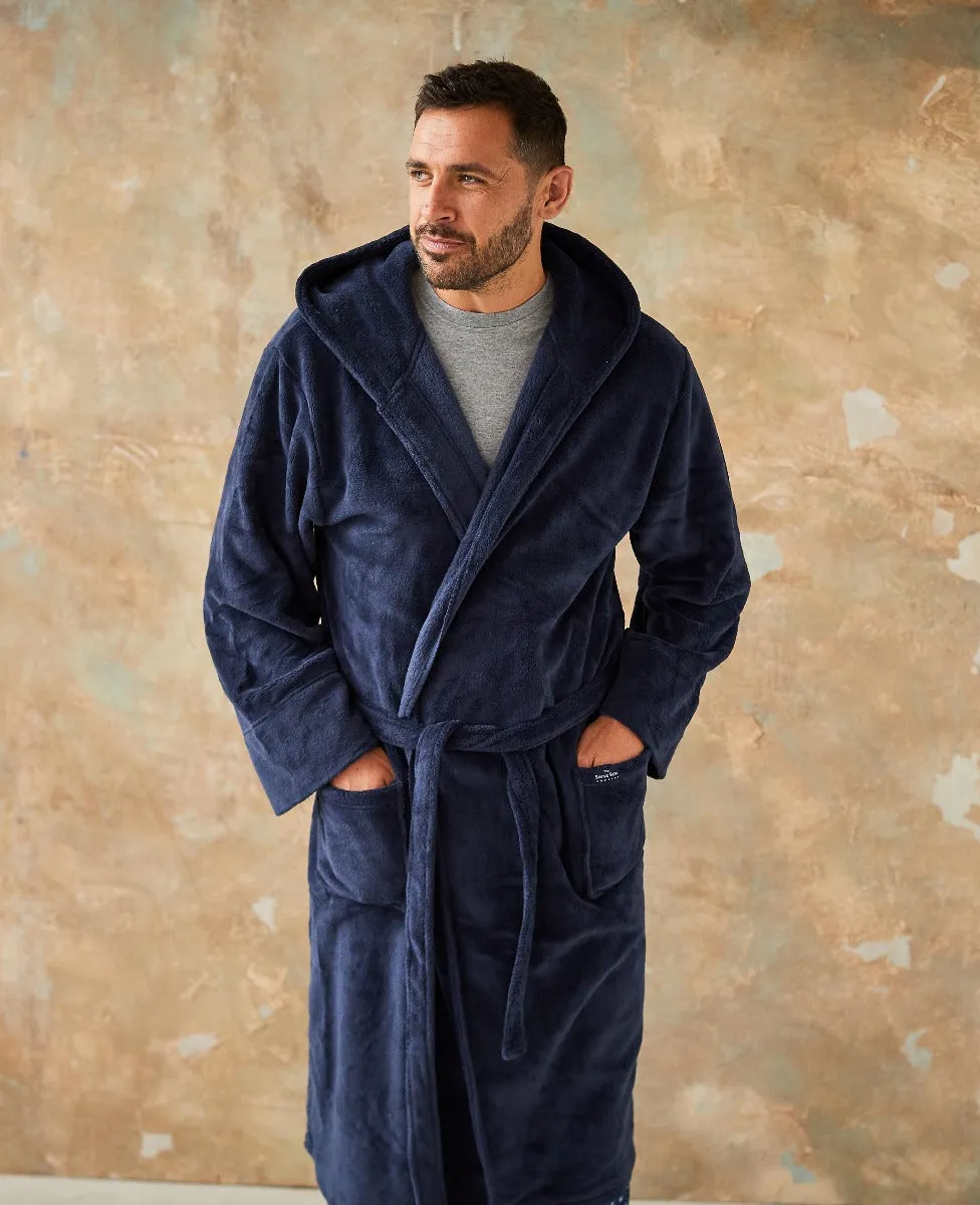 Navy Fleece Dressing Gown With Hood