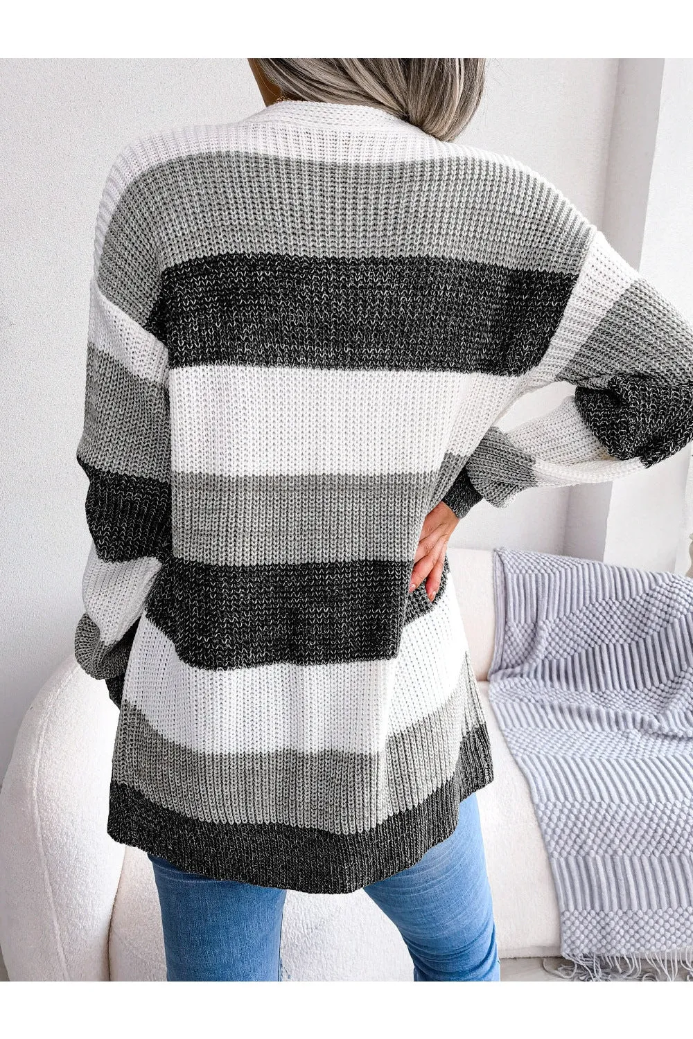 NicholesGifts Women Striped Rib-Knit Open Front Longline Cardigan