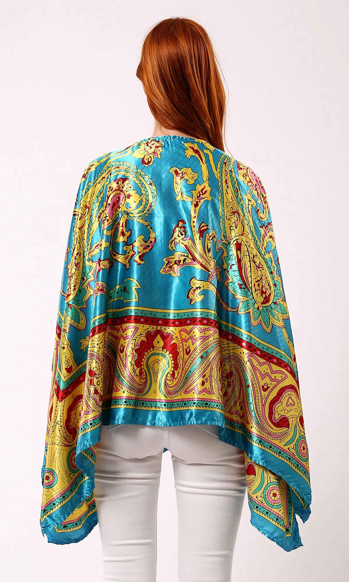 O182856 Slip On Open Neckline Stain Cardigan - Turquoise & Yellow