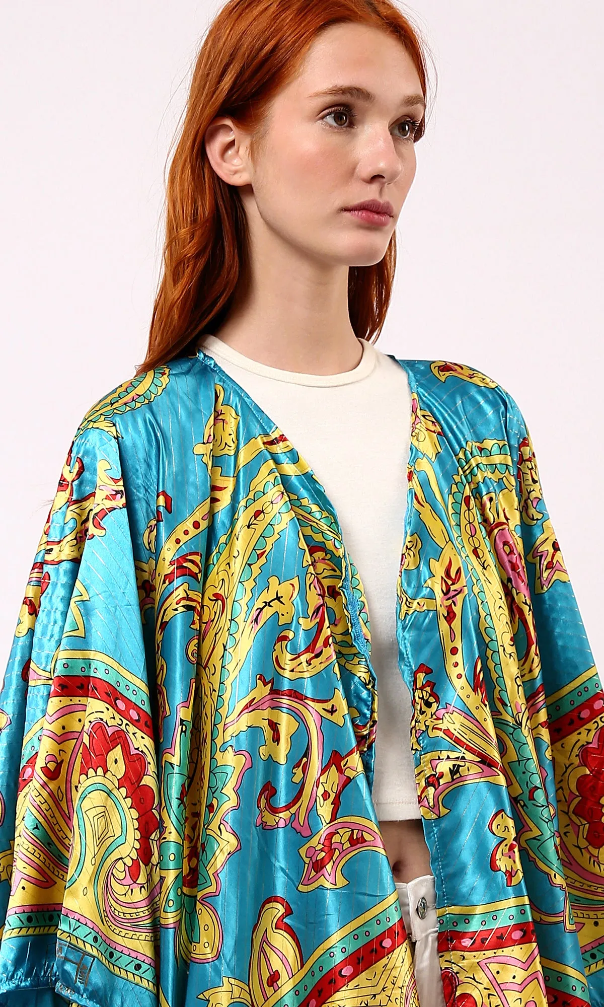 O182856 Slip On Open Neckline Stain Cardigan - Turquoise & Yellow