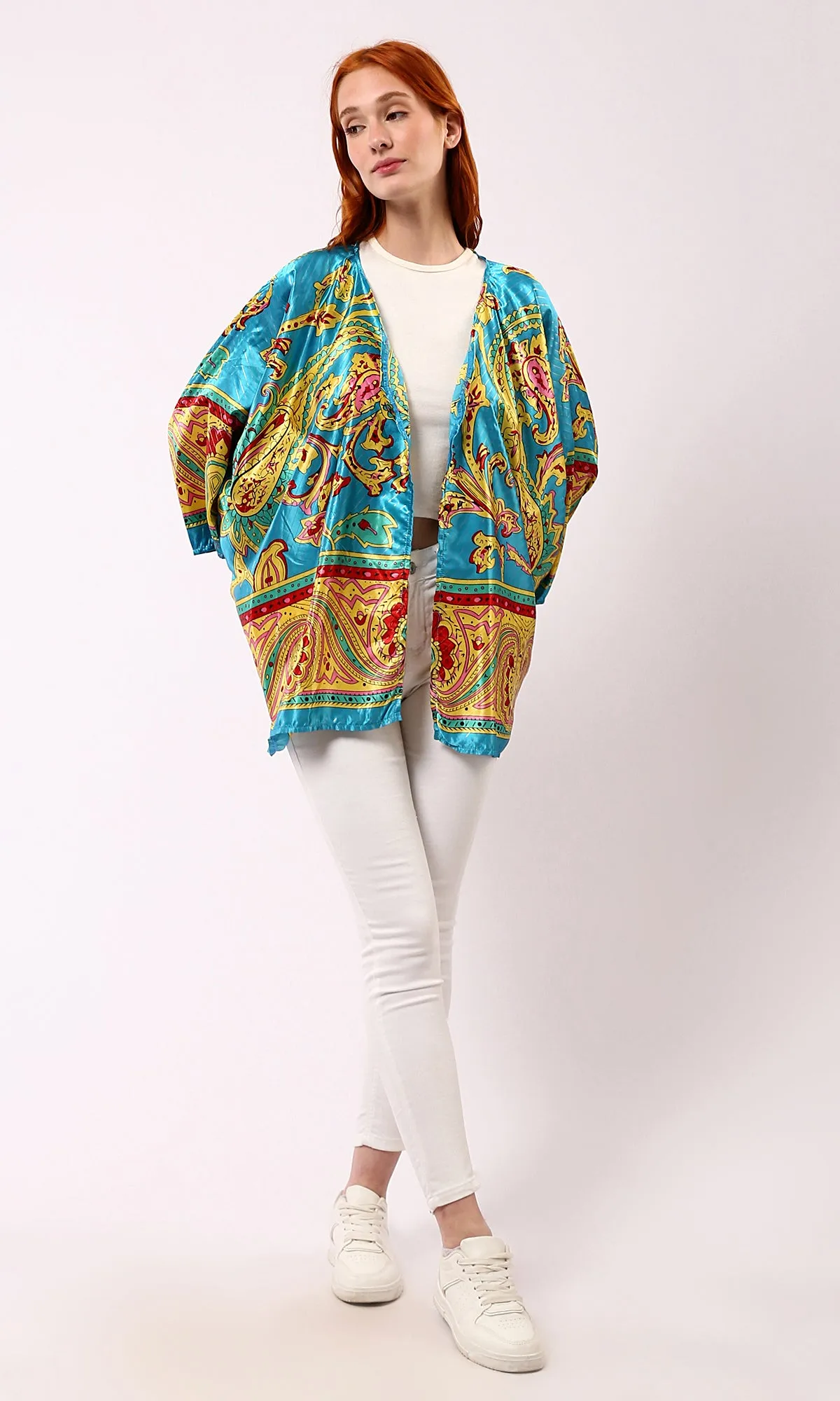 O182856 Slip On Open Neckline Stain Cardigan - Turquoise & Yellow