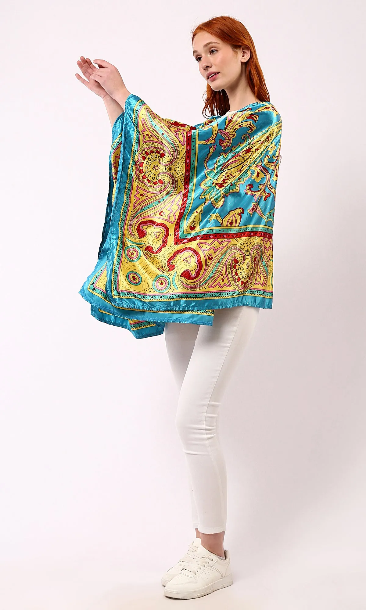 O182856 Slip On Open Neckline Stain Cardigan - Turquoise & Yellow