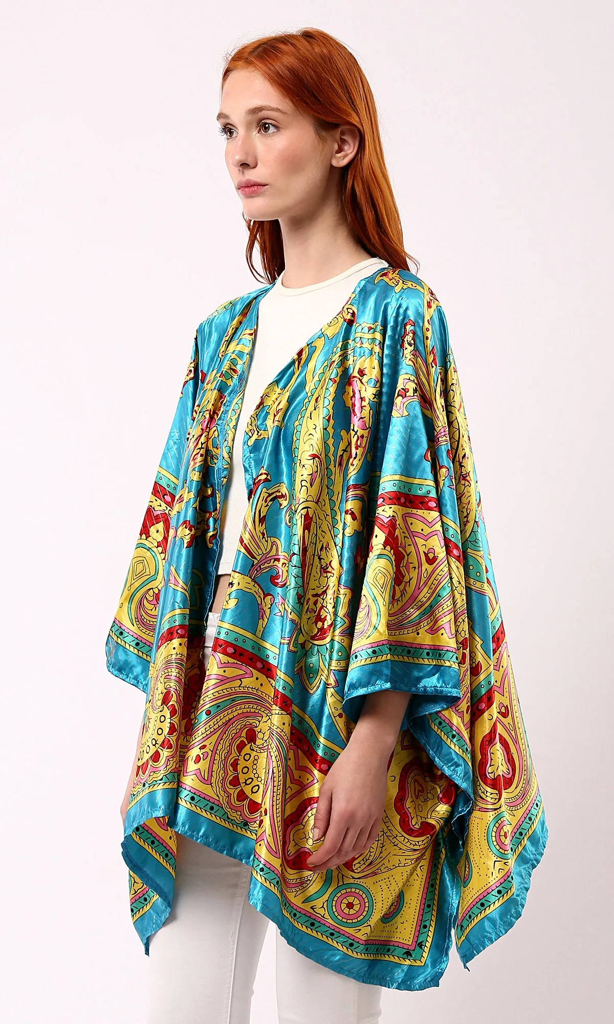 O182856 Slip On Open Neckline Stain Cardigan - Turquoise & Yellow