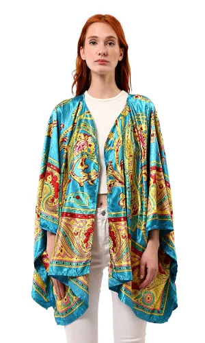 O182856 Slip On Open Neckline Stain Cardigan - Turquoise & Yellow