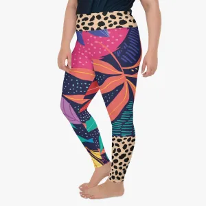 Plus Size Floral Leggings "Animal Leaves" Blue/Orange/Green