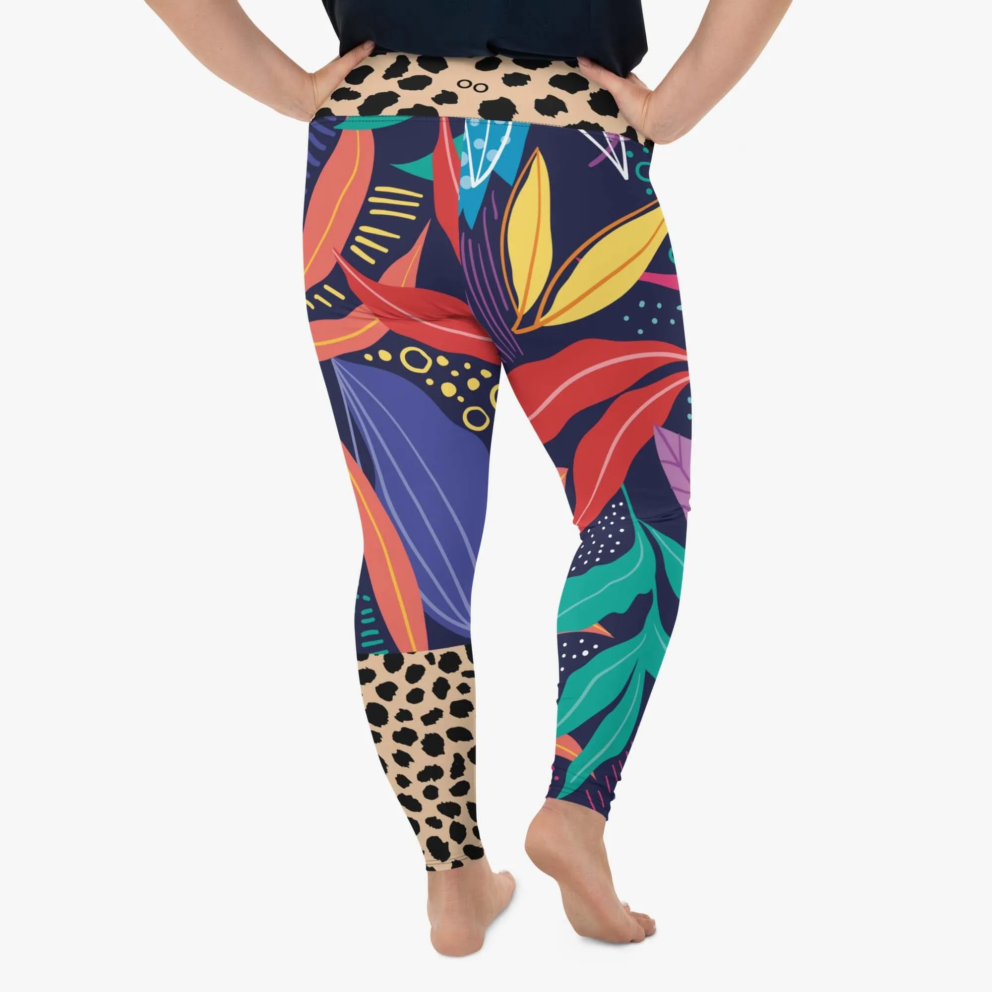 Plus Size Floral Leggings "Animal Leaves" Blue/Orange/Green