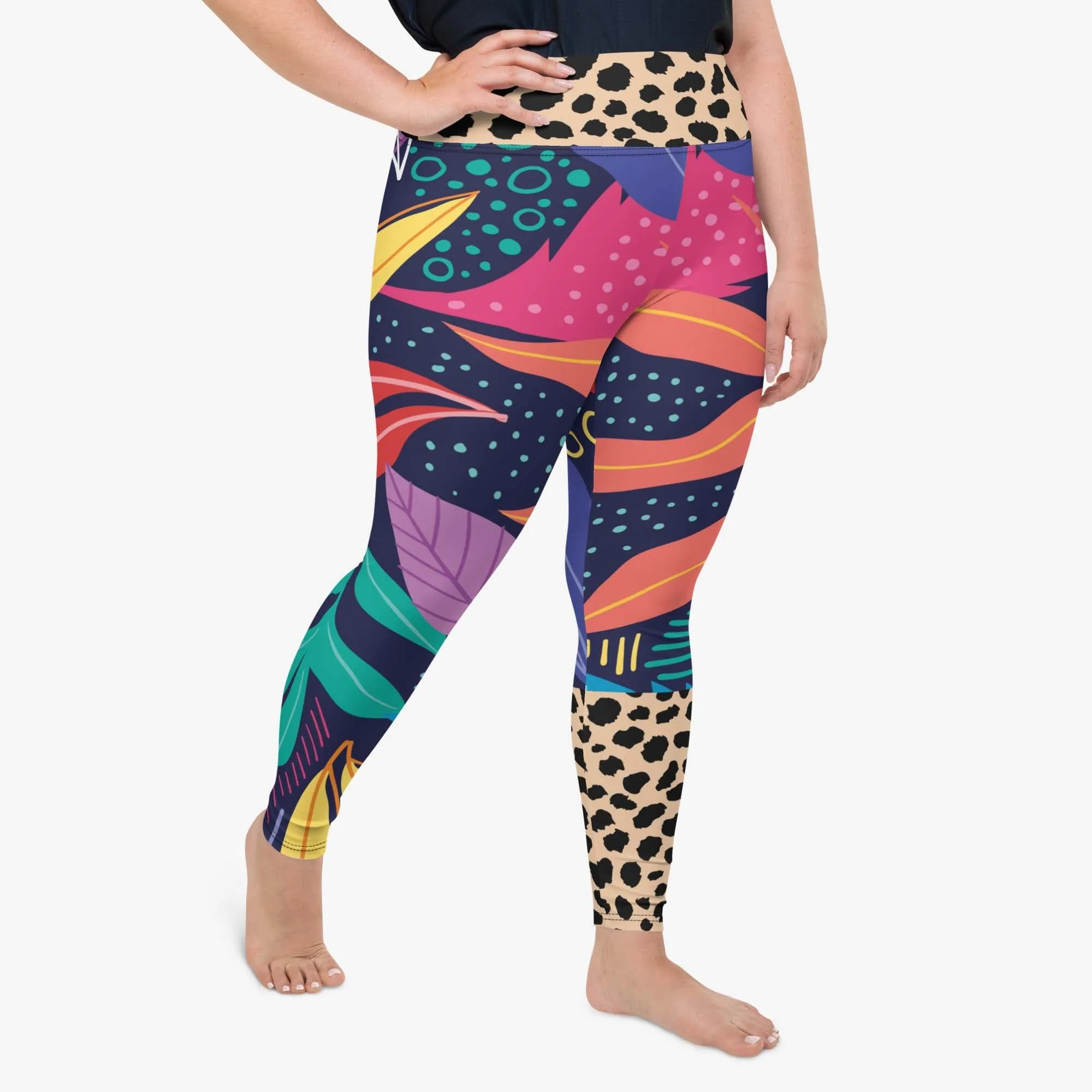 Plus Size Floral Leggings "Animal Leaves" Blue/Orange/Green