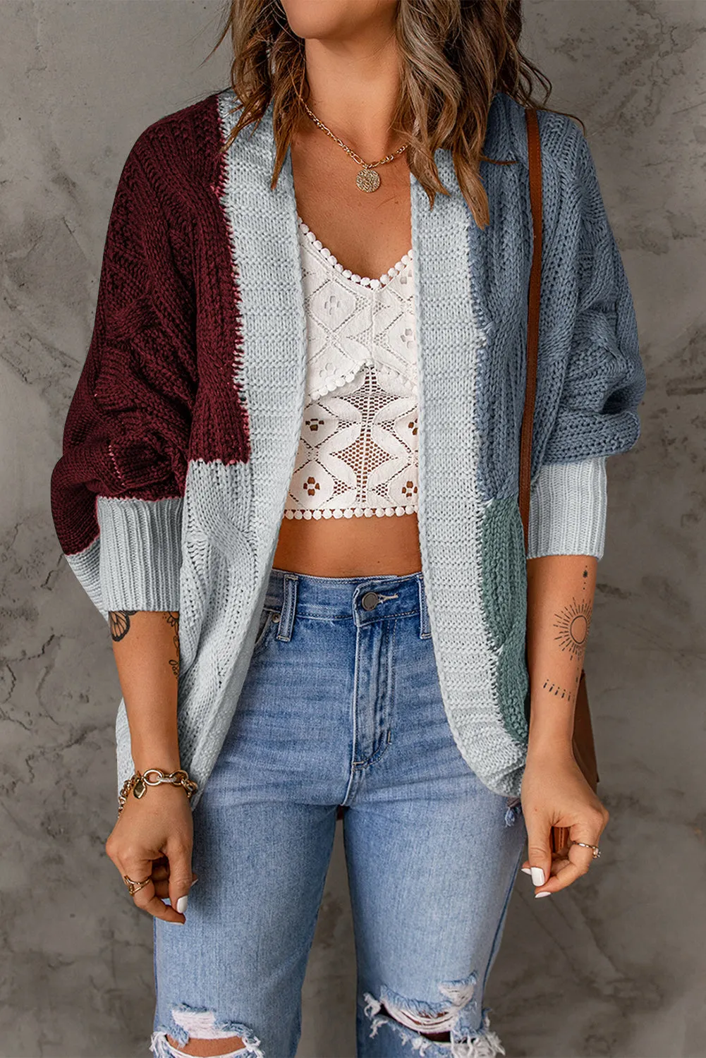 Red Color Block Loose Cardigan