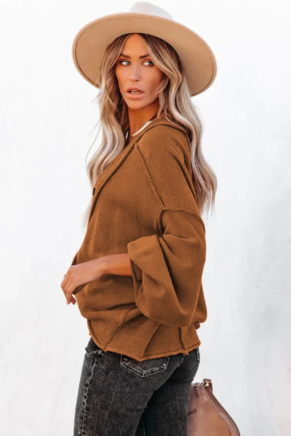 Reverse Seam Trim Puff Sleeve Plunging Cardigan