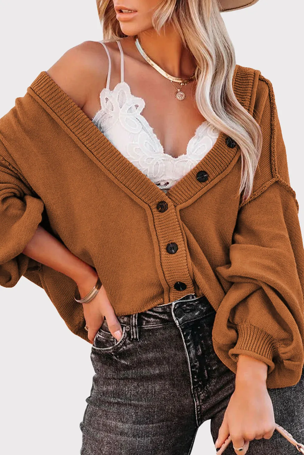 Reverse Seam Trim Puff Sleeve Plunging Cardigan