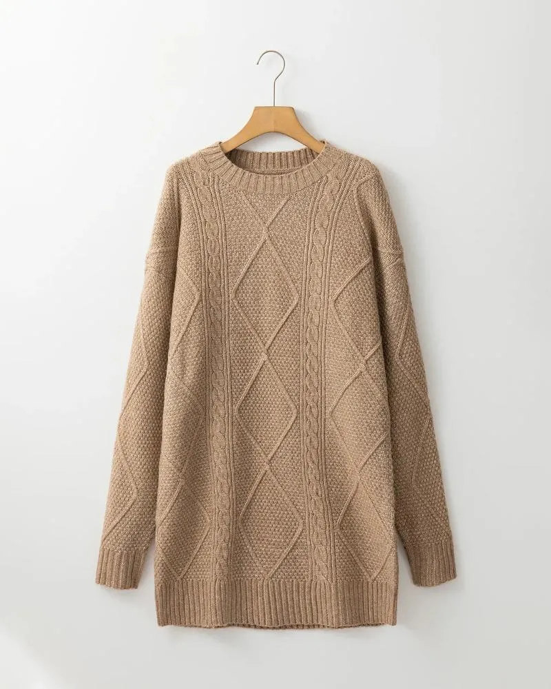 Round Neck Long Sleeve Sweater Dress Casual Loose Fit Cable Knit Pullover Mini Dress