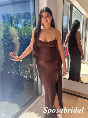 Sexy Chocolate Soft Satin Spaghetti Straps Sleeveless Side Slit Mermaid Long Prom Dresses, PD3921