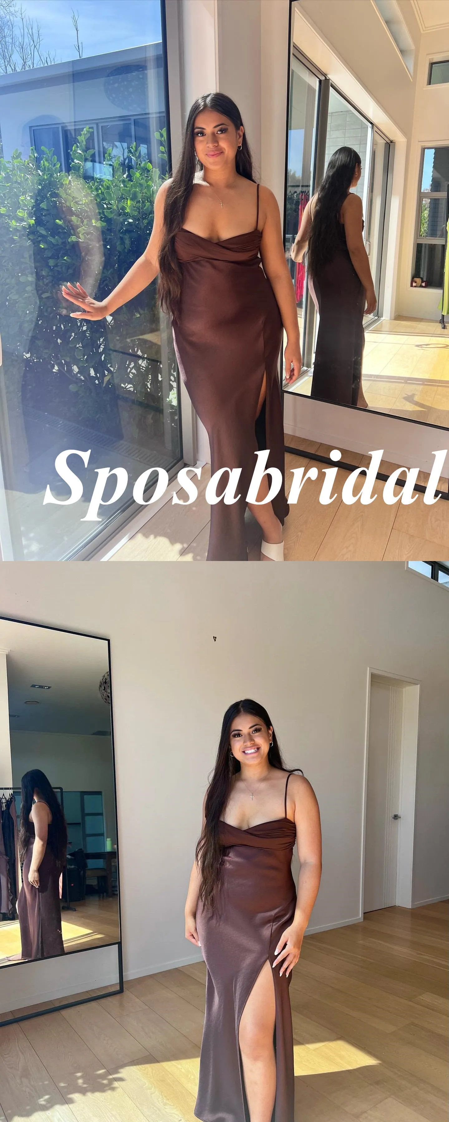 Sexy Chocolate Soft Satin Spaghetti Straps Sleeveless Side Slit Mermaid Long Prom Dresses, PD3921