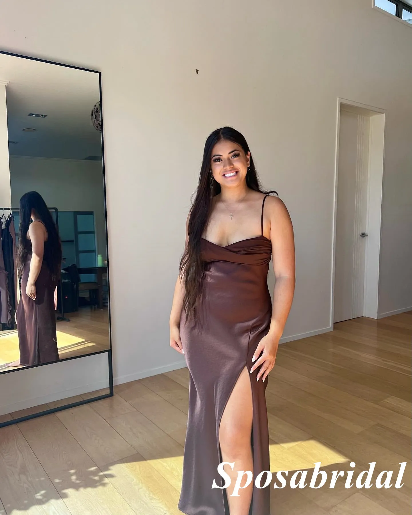 Sexy Chocolate Soft Satin Spaghetti Straps Sleeveless Side Slit Mermaid Long Prom Dresses, PD3921