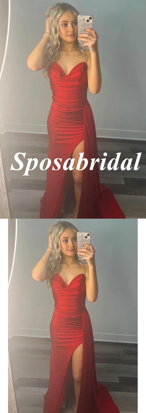 Sexy Soft Satin Sweetheart V-Neck Sleeveless Side Slit Mermaid Long Prom Dresses, PD3895