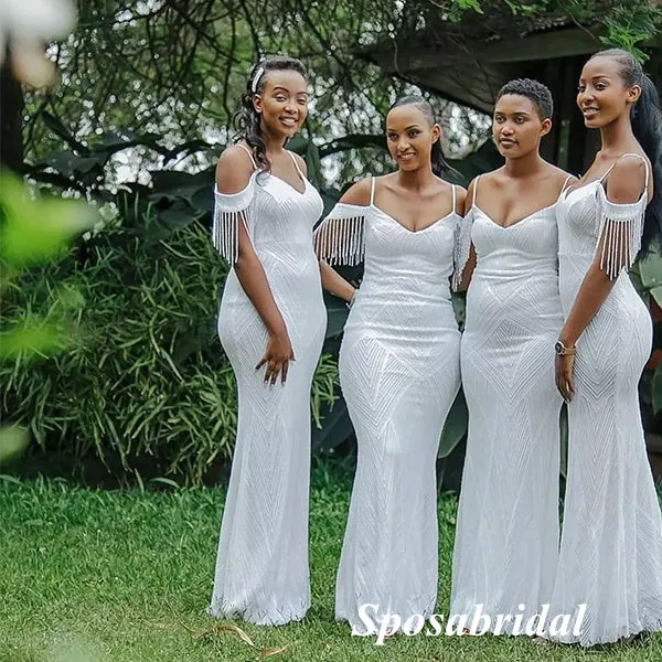 Sexy White Cold-Shoulder V-Neck Mermaid Floor Length Bridesmaid Dresses, BD3369