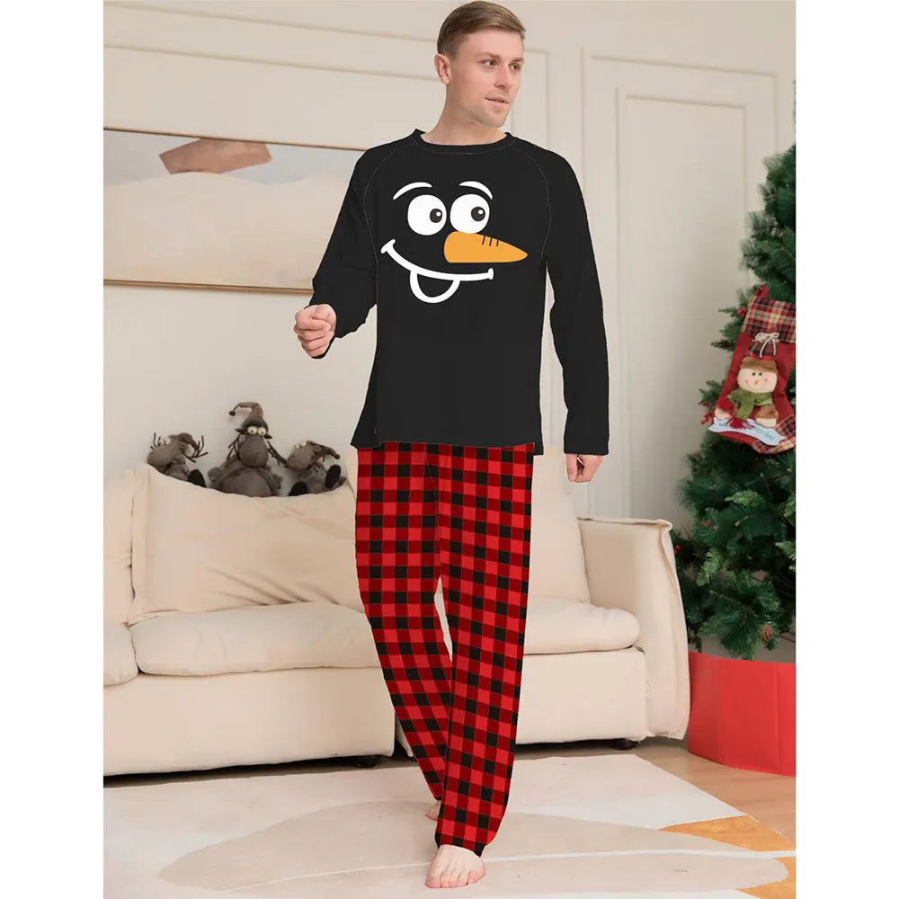 Snowman Plaid Print Round Neck Long Sleeve Christmas Family Pajamas