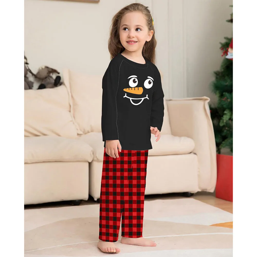 Snowman Plaid Print Round Neck Long Sleeve Christmas Family Pajamas