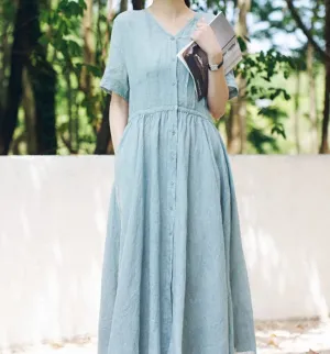 Summer Washed Soft Linen Dress Full Skirt 2211