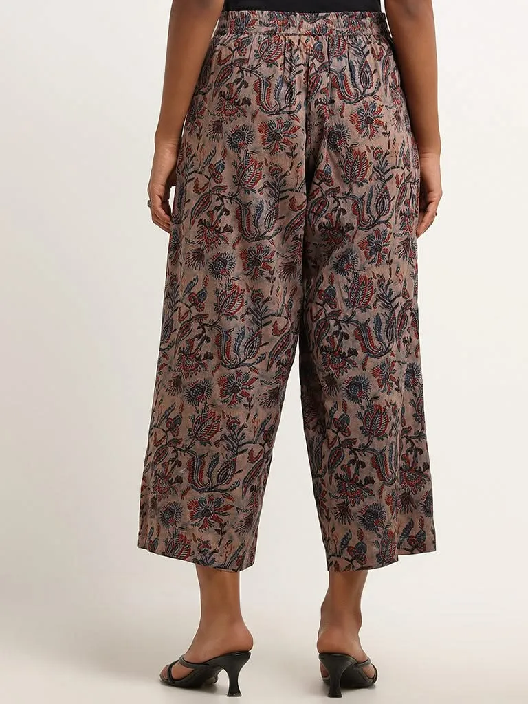 Utsa Beige Floral Print Wide Leg Pants