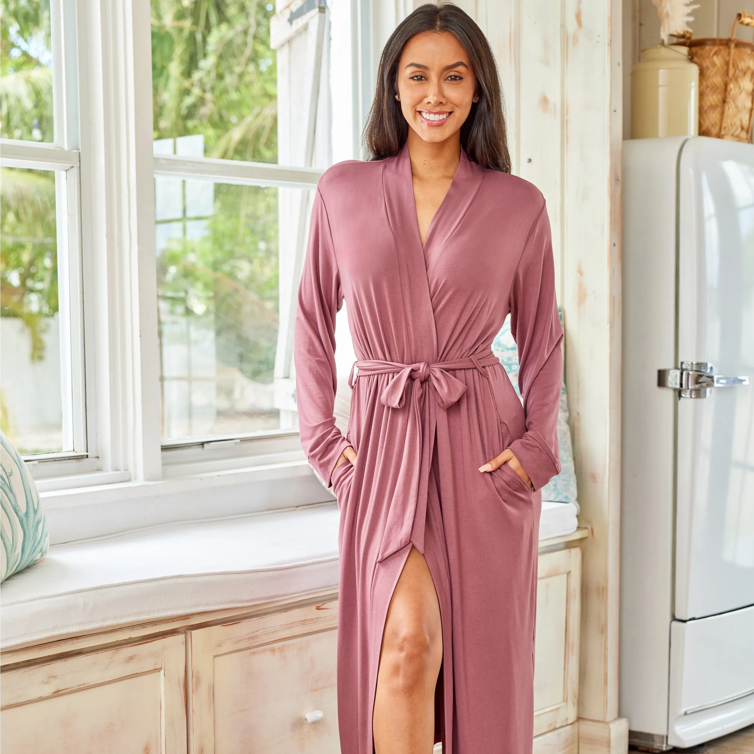 Women's Classic Long Knit Robe with Pockets, Lightweight Bathrobe