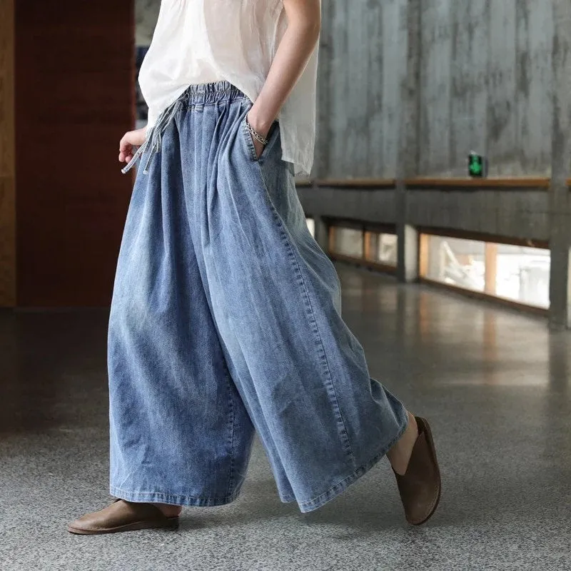 Womens Loose Fitting Minimalist Elegant Denim Pants With Pocket - Womans Casual Pants - Soft Loose Pants - Wide Leg Trousers - Elastic