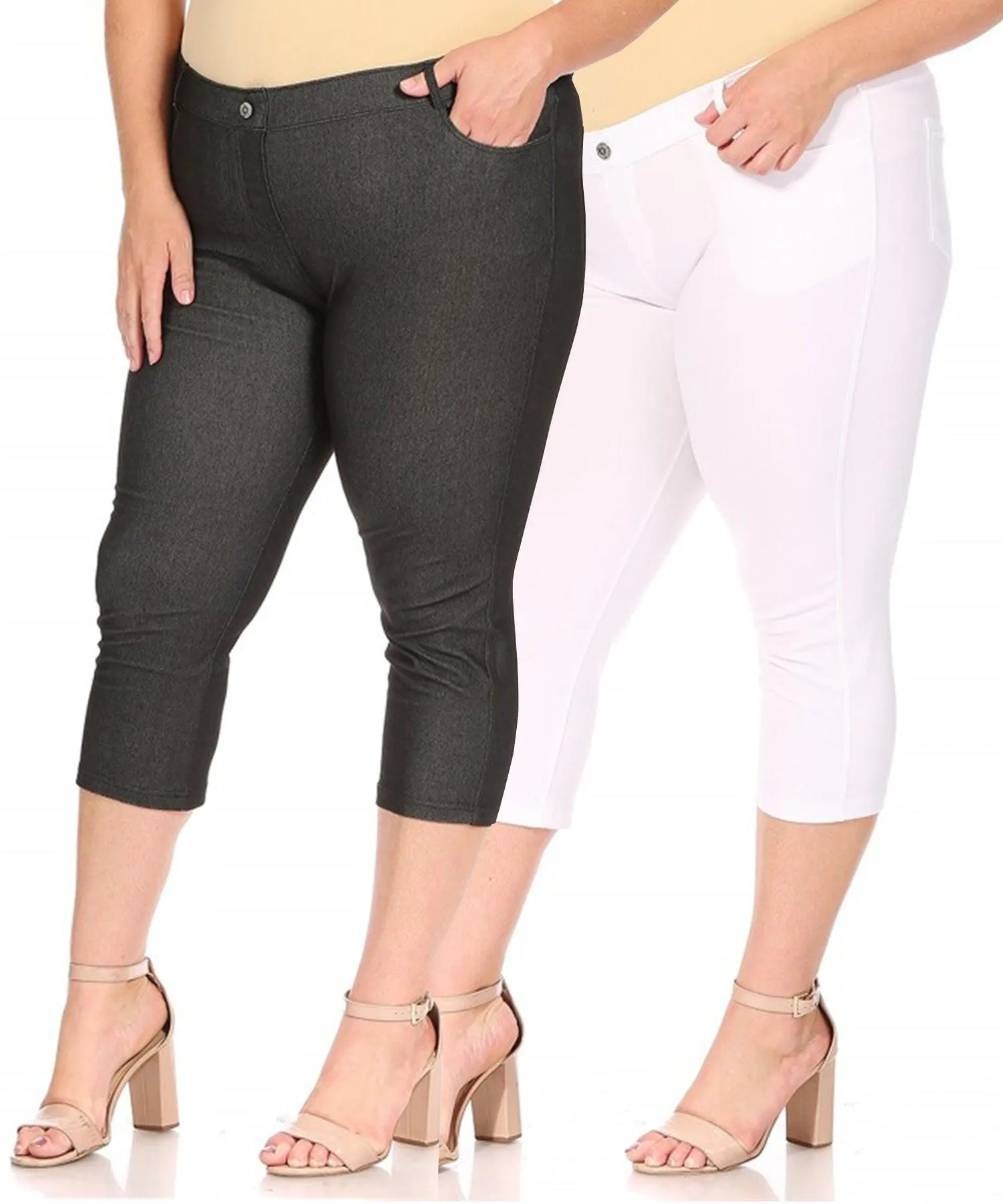 Women's Plus Size Casual Comfy Slim Pocket Jeggings Jeans Capri Leggings Pants Pack of 2