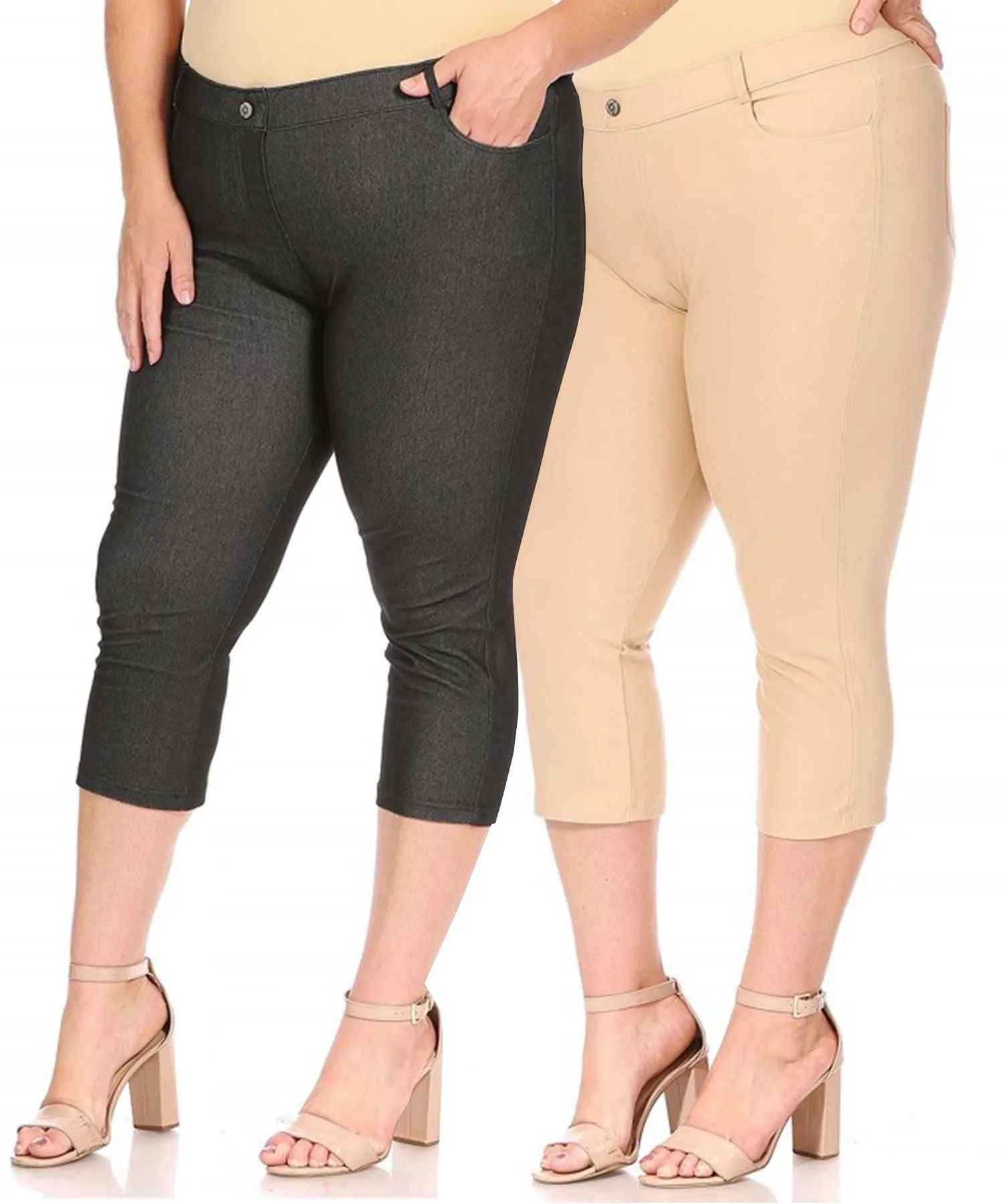 Women's Plus Size Casual Comfy Slim Pocket Jeggings Jeans Capri Leggings Pants Pack of 2