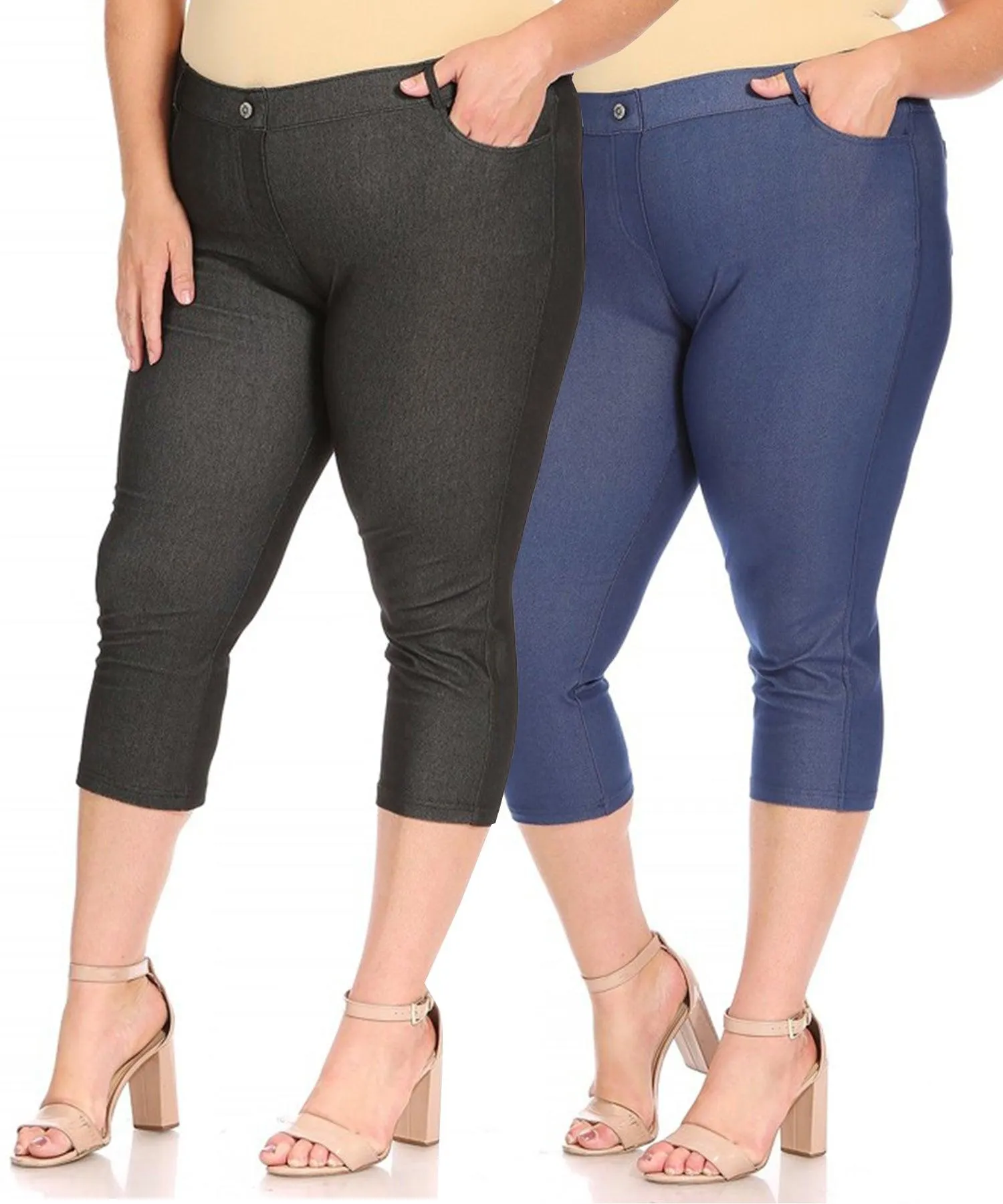 Women's Plus Size Casual Comfy Slim Pocket Jeggings Jeans Capri Leggings Pants Pack of 2