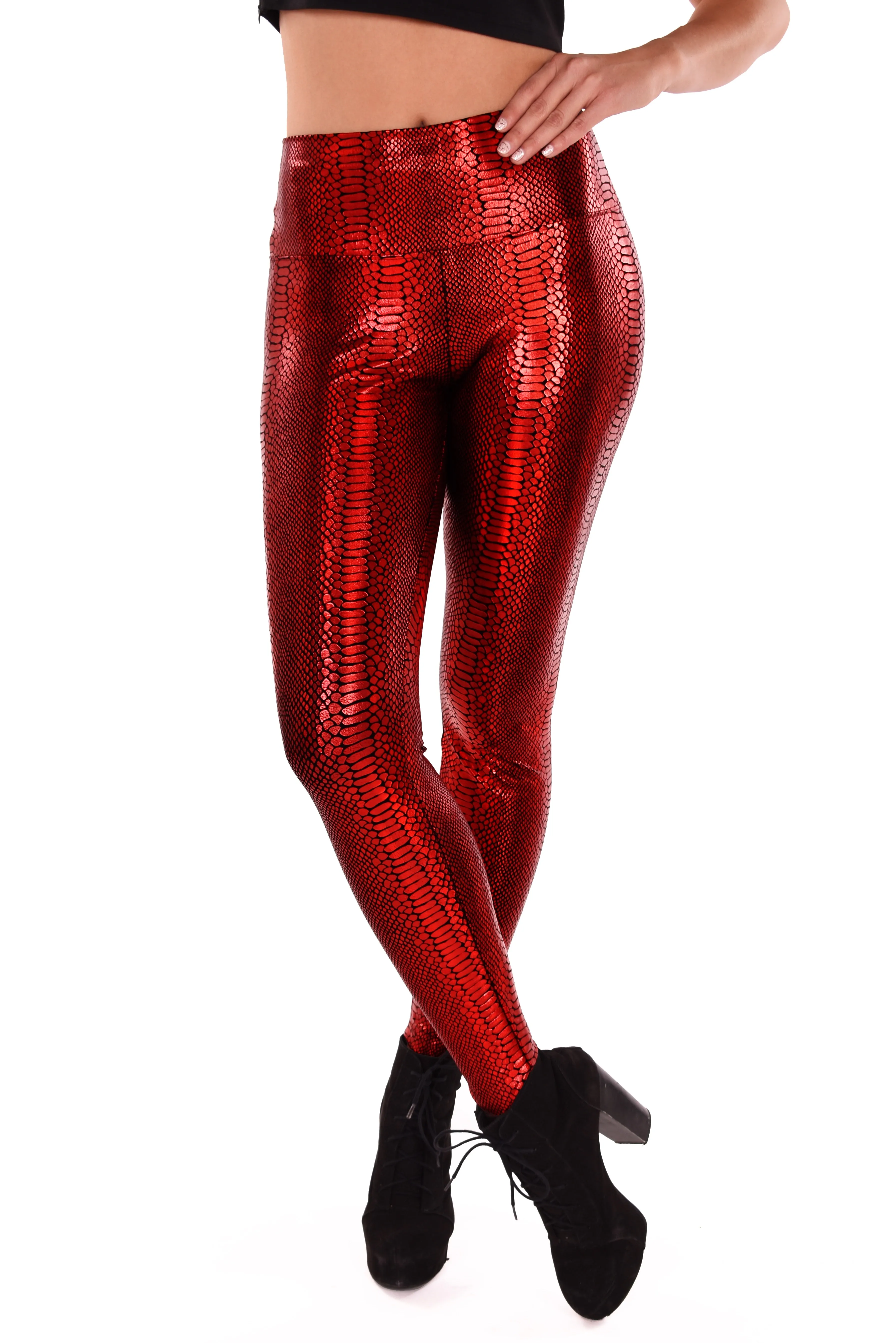 Women's Snake Red Printed Leggings - Iridescent Ruby Red Snake Skin Leggings - Women's Leggings & Rave Gear