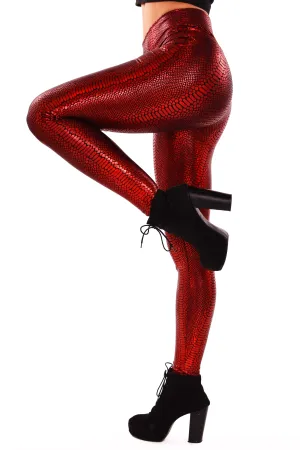 Women's Snake Red Printed Leggings - Iridescent Ruby Red Snake Skin Leggings - Women's Leggings & Rave Gear