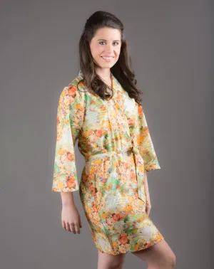 Yellow Silk/Cotton Blend Digital Print Floral Knee Length, Kimono Crossover Belted Robe