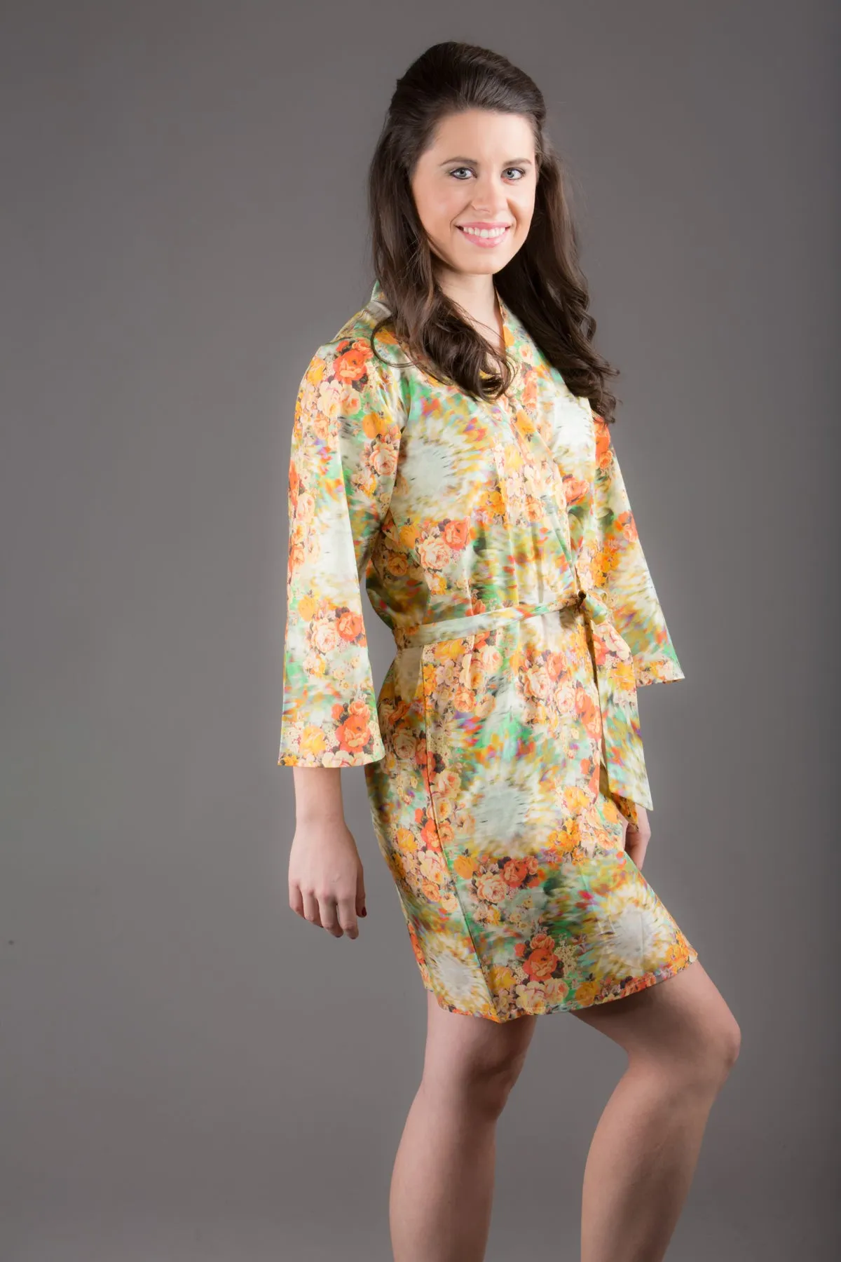 Yellow Silk/Cotton Blend Digital Print Floral Knee Length, Kimono Crossover Belted Robe